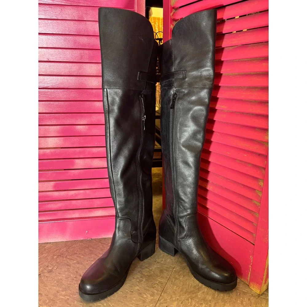 Tata Black Leather Over The Knee Boots Buckle Detail Low Block Heel Tall Boots